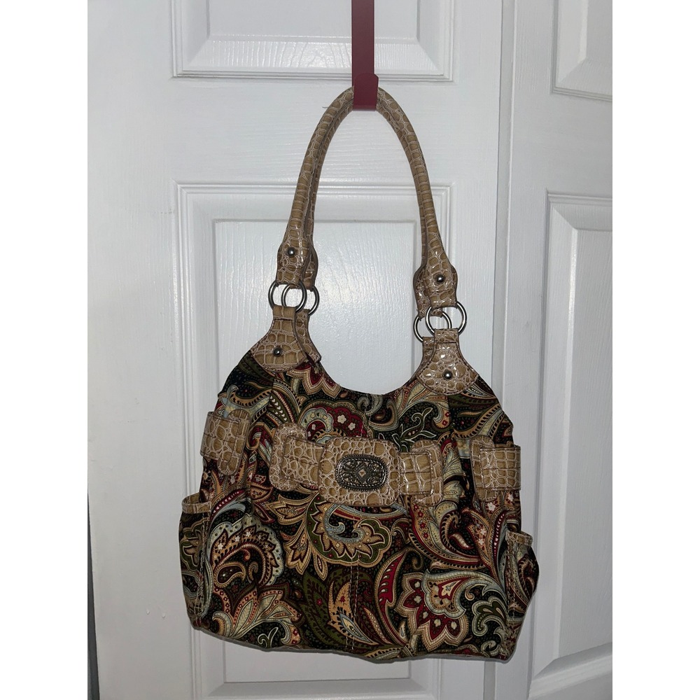 Cato Paisley Tapestry Hobo Bag Tan Faux Croc Trim Western Buckle Shoulder Purse